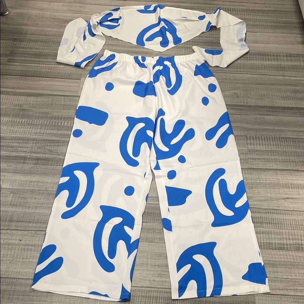 Abstract Blue and White Women's Wide Leg Jumpsuit